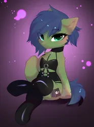 Size: 2790x3767 | Tagged: safe, artist:empress-twilight, derpibooru import, oc, oc:gray hat, unofficial characters only, earth pony, semi-anthro, advertisement in description, chest fluff, clothes, crossed legs, earth pony oc, gradient background, image, latex, latex stockings, looking at you, png, sitting, solo, stockings, thigh highs