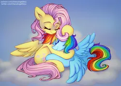 Size: 1414x1000 | Tagged: safe, artist:chaosangeldesu, derpibooru import, fluttershy, rainbow dash, pegasus, pony, cloud, duo, duo male and female, eyes closed, female, flutterdash, hug, image, jpeg, lesbian, male, mare, shipping