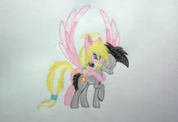 Size: 3691x2537 | Tagged: safe, artist:leaenala, derpibooru import, oc, oc:gitzo, oc:leaenala, unofficial characters only, earth pony, pegasus, pony, black hair, black mane, blonde hair, blonde tail, blue eyes, choker, collar, duo, ear piercing, earring, earth pony oc, eyelashes, feathered wings, female, fluffy hair, fluffy mane, fluffy tail, frown, full body, gray coat, hair ribbon, image, jewelry, jpeg, long eyelashes, long hair, male, mare, multicolored hair, multicolored mane, multicolored tail, nimbus, pegasus oc, pegasus wings, piercing, pigtails, pink coat, ponytail, ribbon, scar, side view, simple background, smiling, spread wings, striped hair, striped mane, striped tail, tail, traditional art, two toned hair, two toned mane, two toned tail, white hair, white tail, wings