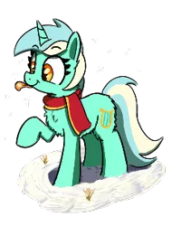 Size: 243x303 | Tagged: safe, artist:maretian, derpibooru import, lyra heartstrings, pony, unicorn, :p, aggie.io, clothes, female, fluffy, horn, image, mare, outdoors, png, raised hoof, scarf, simple background, snow, solo, tongue out, transparent background, winter coat