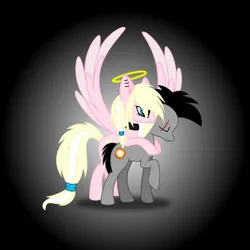 Size: 3000x3000 | Tagged: safe, artist:leaenala, derpibooru import, oc, oc:gitzo, oc:leaenala, unofficial characters only, earth pony, pegasus, pony, black background, black hair, black mane, blonde hair, blonde tail, blue eyes, choker, collar, duo, ear piercing, earring, earth pony oc, eyelashes, feathered wings, female, fluffy hair, fluffy mane, fluffy tail, frown, full body, gray coat, hair ribbon, image, jewelry, long eyelashes, long hair, male, mare, multicolored hair, multicolored mane, multicolored tail, nimbus, pegasus oc, pegasus wings, piercing, pigtails, pink coat, png, ponytail, ribbon, scar, side view, simple background, smiling, spread wings, striped hair, striped mane, striped tail, tail, two toned hair, two toned mane, two toned tail, vector, white hair, white tail, wings