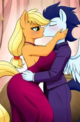 Size: 538x825 | Tagged: safe, ai content, derpibooru import, machine learning generated, novelai, stable diffusion, applejack, soarin', anthro, earth pony, pegasus, g4, big breasts, blushing, breasts, clothes, dress, duo, duo male and female, evening dress, female, image, indoors, kissing, lowres, male, png, prompter:genderface, shipping, smiling, straight