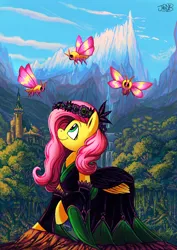 Size: 2480x3508 | Tagged: safe, artist:jowybean, derpibooru import, fluttershy, pegasus, pony, g4, alternate hairstyle, castle, clothes, forest, image, mountain, nature, png, scenery, scenery porn, solo, tree, water, waterfall