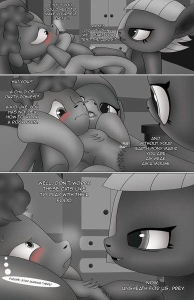 Size: 1989x3072 | Tagged: questionable, artist:anonymousandrei, derpibooru import, li'l cheese, limestone pie, marble pie, earth pony, pony, comic:life of li'l cheese, g4, the last problem, aunt and nephew, blushing, chest fluff, colt, comic, derpibooru exclusive, dialogue, dominant, female, femdom, foal, holding, image, incest, jpeg, limedom, male, marbledom, mare, older limestone pie, older marble pie, pie family home, pubic fluff, rubbing, spread legs, spreading, talking, trio