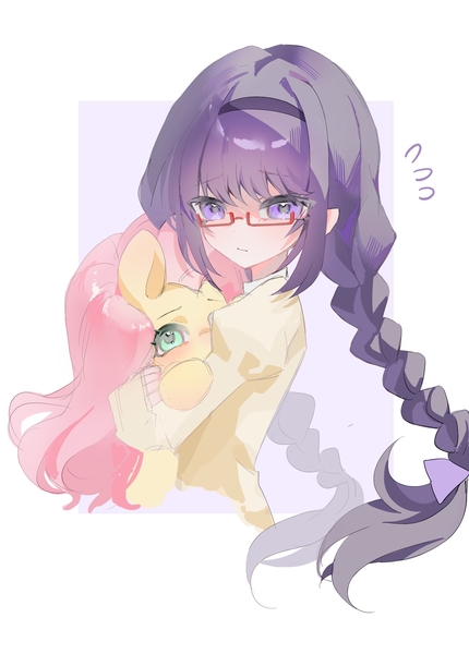 Size: 2080x2900 | Tagged: safe, artist:boheweidecaihong, derpibooru import, fluttershy, human, pegasus, pony, anime, clothes, crossover, female, glasses, homura akemi, hug, human female, image, jpeg, magical girl, mare, passepartout, puella magi madoka magica, purple background, school uniform, simple background, sweat, sweatdrop, upper body