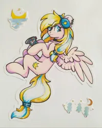 Size: 1718x2160 | Tagged: safe, artist:lazy bread corner, derpibooru import, oc, oc:leaenala, unofficial characters only, pony, blonde hair, blonde tail, blue eyes, choker, collar, controller, ear piercing, earbuds, earring, eyelashes, female, fluffy hair, fluffy mane, fluffy tail, hair ribbon, image, jewelry, jpeg, long eyelashes, long hair, looking at you, mare, multicolored hair, multicolored mane, multicolored tail, piercing, pigtails, pink coat, ponytail, raised eyebrows, ribbon, simple background, spread wings, striped hair, striped mane, striped tail, tail, traditional art, two toned hair, two toned mane, two toned tail, white background, white hair, white tail, wings