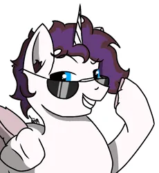 Size: 982x1066 | Tagged: safe, artist:thomas.senko, derpibooru import, alicorn, pony, blue eyes, commission, eyebrows, eyebrows visible through hair, image, light skin, male, png, raised eyebrow, red hair, simple background, smiling, solo, stallion, sunglasses, white background, ych result