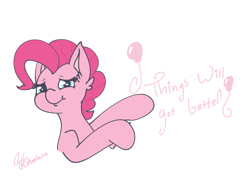 Size: 4400x3185 | Tagged: safe, artist:tkshoelace, derpibooru import, pinkie pie, earth pony, pony, g4, balloon, crayon, ear fluff, eyelashes, holding, image, looking at you, png, simple background, smiling, solo, text, white background