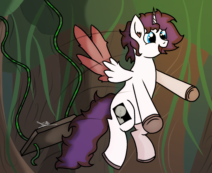 Size: 1232x1004 | Tagged: safe, artist:thomas.senko, derpibooru import, alicorn, pony, blue eyes, commission, forest, happy, image, jungle, lianas, light skin, male, nature, png, smiling, spread wings, stallion, sunlight, swing, tree, wings, ych result