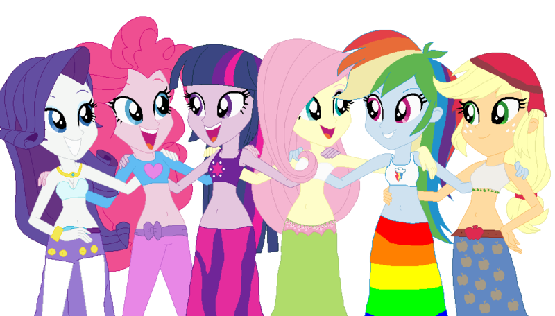 Size: 1022x583 | Tagged: safe, artist:jacob-van-antwerp, derpibooru import, applejack, fluttershy, pinkie pie, rainbow dash, rarity, twilight sparkle, human, equestria girls, g4, base used, belly, belly button, belly dance, belly dancer, belly dancer outfit, female, harem, harem outfit, image, mane six, png