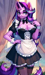 Size: 1536x2560 | Tagged: suggestive, ai content, derpibooru import, machine learning generated, prompter:krivovyaz, stable diffusion, starlight glimmer, anthro, unicorn, g4, apron, big breasts, big ears, bowtie, breasts, busty starlight glimmer, cleavage, clothes, curtains, digital art, female, generator:pony diffusion v6 xl, horn, image, maid, necktie, png, skirt, smiling, socks, solo, solo female, stockings, tail, thigh highs, window