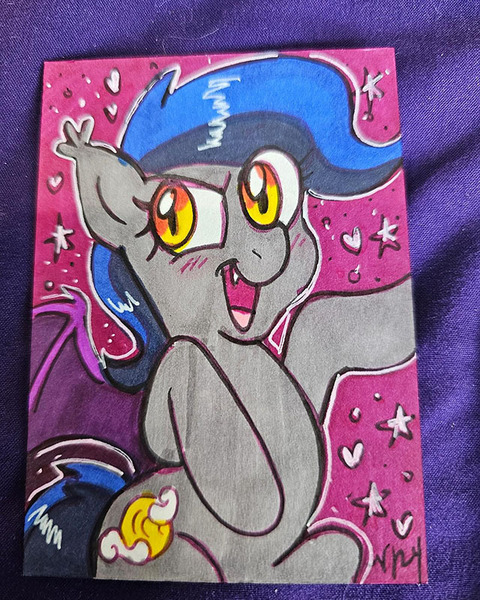 Size: 640x800 | Tagged: safe, artist:marybellamy, derpibooru import, oc, oc:echo, bat pony, commission, image, jpeg, markers, sketchcard, solo, traditional art, zorilita