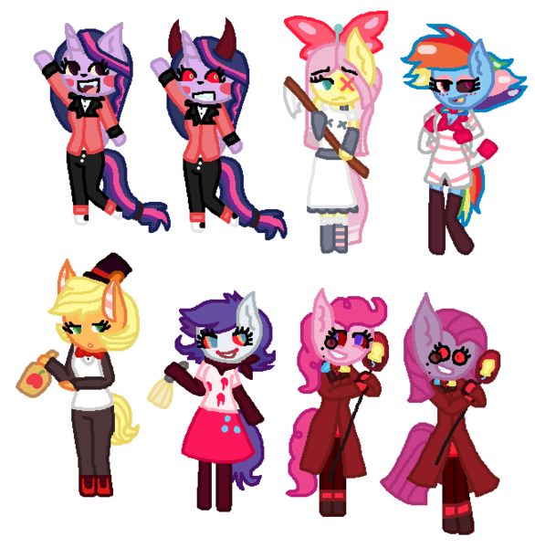 Size: 652x668 | Tagged: source needed, safe, artist:hoalyden, derpibooru import, applejack, fluttershy, pinkie pie, rainbow dash, rarity, twilight sparkle, earth pony, pegasus, pony, unicorn, g4, alastor, alcohol, angel dust (hazbin hotel), bottle, charlie morningstar, clothes, cosplay, costume, devil horns, drink, hat, hazbin hotel, hellaverse, horn, horns, husk (hazbin hotel), image, mane six, mop, niffty, pinkamena diane pie, png, top hat, vaggie