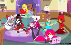 Size: 1000x631 | Tagged: safe, artist:briaangel, derpibooru import, oc, alligator, crocodile, pig, spider, equestria girls, g4, alastor, angel dust (hazbin hotel), barely eqg related, barely pony related, book, charlie morningstar, clothes, computer, controller, fat nuggets, hazbin hotel, hellaverse, husk (hazbin hotel), image, jpeg, laptop computer, mobile phone, my little pony equestria girls: rainbow rocks, niffty, pajamas, phone, pinkie's bedroom, plushie, scene interpretation, slippers, slumber party, smartphone, television, vaggie