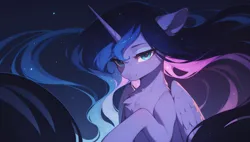 Size: 3840x2176 | Tagged: safe, ai content, derpibooru import, generator:tponynai3, machine learning generated, prompter:truekry, princess luna, alicorn, pony, g4, bedroom eyes, chest fluff, ethereal mane, folded wings, high res, horn, image, looking at you, png, smiling, smiling at you, space, stars, wallpaper, wings