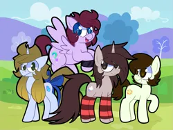 Size: 3947x2960 | Tagged: safe, artist:outlawquadrant, artist:saveraedae, derpibooru import, oc, oc:benjamane hoofington, oc:jonatrot hoofington, oc:kenning prance, oc:markey malarkey, ponified, unofficial characters only, earth pony, pegasus, pony, unicorn, blue fur, bow, clothes, crossover, gradient mane, green fur, grey fur, group photo, horn, image, leg warmers, png, purple fur, ribbon, tail, tail bow, the mark side, wristband