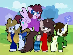 Size: 3947x2960 | Tagged: safe, artist:outlawquadrant, artist:saveraedae, derpibooru import, oc, oc:benjamane hoofington, oc:jonatrot hoofington, oc:kenning prance, oc:markey malarkey, ponified, unofficial characters only, earth pony, pegasus, pony, unicorn, blue fur, bow, clothes, crossover, gradient mane, green fur, grey fur, group photo, hoodie, horn, image, leg warmers, long sleeved shirt, long sleeves, male, png, purple fur, shirt, sweater, tail, tail bow, the mark side