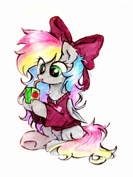 Size: 1536x2048 | Tagged: safe, artist:liaaqila, derpibooru import, oc, oc:blazey sketch, unofficial characters only, pegasus, apple juice, bow, clothes, green eyes, grey fur, hair bow, image, jpeg, juice, long mane, long tail, pegasus oc, simple background, solo, sweater, tail, traditional art, white background, wings