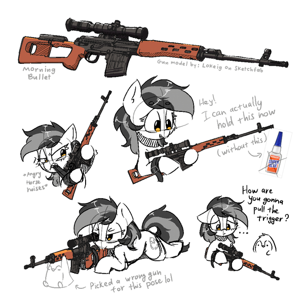 Size: 1000x1000 | Tagged: safe, artist:morningbullet, derpibooru import, oc, oc:noot, unofficial characters only, earth pony, pony, dialogue, dragunov, earth pony oc, glue, gun, image, png, rifle, sniper rifle, solo, svd, weapon