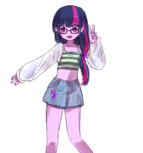 Size: 1709x1827 | Tagged: safe, artist:dusknebula, derpibooru import, twilight sparkle, human, equestria girls, g4, belly, belly button, clothes, cute, cutie mark accessory, cutie mark hair accessory, denim, denim shorts, female, glasses, happy, image, jpeg, looking at you, midriff, nail polish, open mouth, open smile, oversized clothes, oversized shirt, peace sign, shirt, shorts, simple background, smiling, solo, tanktop, twiabetes, white background