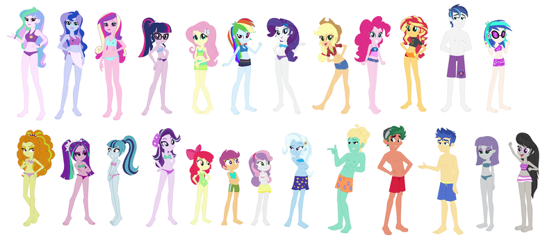 Size: 3244x1402 | Tagged: safe, artist:jacob-van-antwerp, derpibooru import, adagio dazzle, apple bloom, applejack, aria blaze, flash sentry, fluttershy, maud pie, octavia melody, pinkie pie, princess cadance, princess celestia, princess luna, rainbow dash, rarity, sci-twi, scootaloo, shining armor, sonata dusk, starlight glimmer, sweetie belle, timber spruce, trixie, twilight sparkle, vinyl scratch, zephyr breeze, human, equestria girls, g4, alumnus shining armor, base, base used, belly, belly button, bikini, clothes, cutie mark crusaders, dean cadance, denim, denim shorts, equestria girls-ified, humane five, humane six, image, mane six, one-piece swimsuit, png, principal celestia, shorts, simple background, swimsuit, the dazzlings, vice principal luna, white background