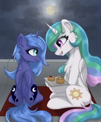 Size: 1200x1451 | Tagged: safe, artist:門久, derpibooru import, princess celestia, princess luna, alicorn, pony, g4, cloud, duo, duo female, female, food, image, mid-autumn festival, moon, mooncake, png, s1 luna