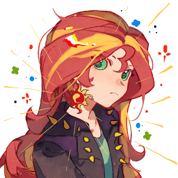 Size: 1000x1000 | Tagged: safe, artist:wumingshi61160, derpibooru import, sunset shimmer, human, equestria girls, g4, anime style, bust, clothes, humanized, image, jacket, png, red hair, simple background, solo, sunset shimmer is not amused, two toned hair, unamused, white background, yellow hair