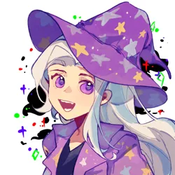 Size: 1000x1000 | Tagged: safe, artist:wumingshi61160, derpibooru import, trixie, human, g4, anime style, bust, clothes, female, hat, humanized, image, open mouth, open smile, png, purple eyes, smiling, solo, sparkles, trixie's hat, white hair