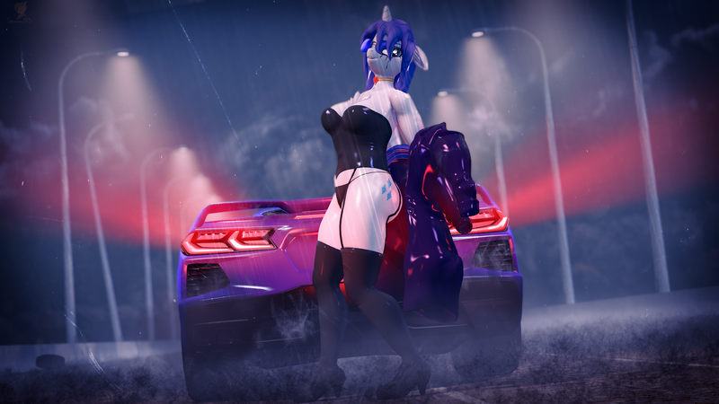 Size: 5120x2880 | Tagged: suggestive, artist:silkworm205, derpibooru import, part of a set, rarity, anthro, unicorn, series:silkworm205's weekly artwork 2024, g4, 3d, alternate hairstyle, aviator sunglasses, breasts, car, clothes, colored eyebrows, corset, ear fluff, female, fire ruby, floppy ears, fluffy hair, fluffy mane, garters, gem, grin, heart necklace, horn, image, jewelry, long coat, looking at you, necklace, night, open clothes, outdoors, panties, pinup, png, pose, rain, rarity day, reasonably sized breasts, revamped anthros, road, ruby, running mascara, shiny skin, side view, smiling, smirk, socks, source filmmaker, sports car, sunglasses, thigh highs, underwear, undressing, vehicle, wet, wet mane, wet mane rarity