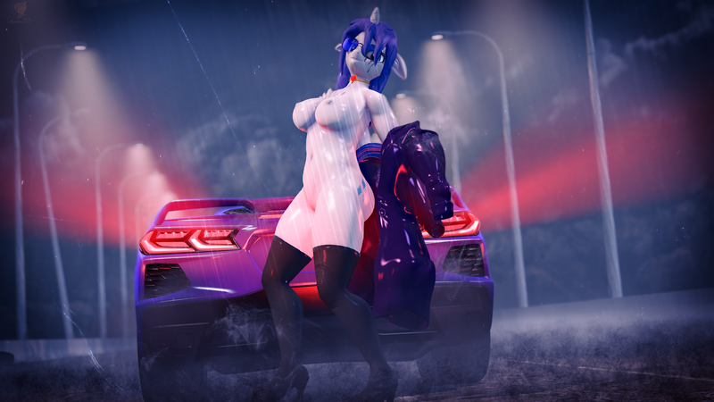 Size: 5120x2880 | Tagged: questionable, artist:silkworm205, derpibooru import, part of a set, rarity, anthro, unicorn, series:silkworm205's weekly artwork 2024, g4, 3d, alternate hairstyle, aviator sunglasses, breasts, butt, car, clothes, colored eyebrows, ear fluff, female, fire ruby, floppy ears, fluffy hair, fluffy mane, gem, grin, heart necklace, horn, image, jewelry, long coat, looking at you, necklace, night, nipples, nudity, open clothes, outdoors, pinup, png, pose, rain, rarity day, reasonably sized breasts, revamped anthros, road, ruby, running mascara, shiny skin, smiling, socks, source filmmaker, sports car, sunglasses, thigh highs, undressing, vehicle, wet, wet mane, wet mane rarity