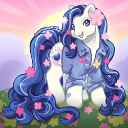 Size: 2400x2400 | Tagged: safe, artist:sparkytopia, derpibooru import, sweet september, earth pony, pony, g3, blue eyes, blue mane, clothes, denim, denim jacket, female, flower, flower in hair, image, jacket, jewel birthday ponies, mare, open mouth, open smile, outdoors, png, signature, smiling, solo, sunset, white coat