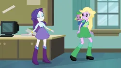 Size: 1280x720 | Tagged: safe, derpibooru import, screencap, rarity, spike, twilight sparkle, dog, human, equestria girls, g4, backpack, belt, boots, bracelet, clothes, computer, disguise, image, indoors, jewelry, my little pony equestria girls, png, shirt, shoes, skirt, spike the dog, trio, twilight strong