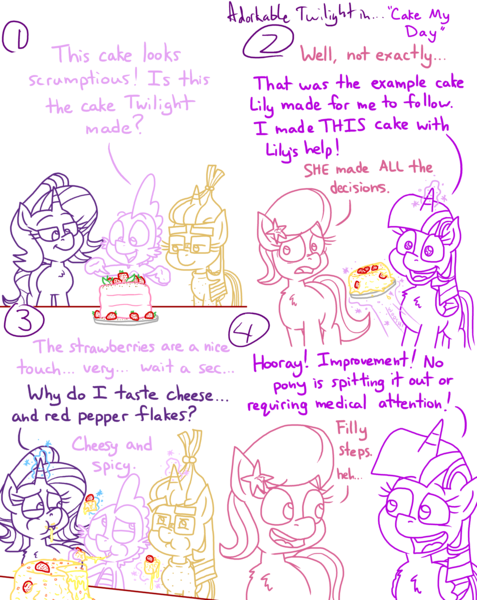 Size: 4779x6013 | Tagged: safe, artist:adorkabletwilightandfriends, derpibooru import, lily, lily valley, moondancer, spike, starlight glimmer, twilight sparkle, twilight sparkle (alicorn), alicorn, comic:adorkable twilight and friends, adorkable, adorkable twilight, cake, cheek bulge, cheese, comic, concerned, cute, dork, eating, food, friendship, funny, happy, humor, image, kitchen, magic, melted, messy, messy eating, pepper, png, slice of life, smiling, strawberry, table