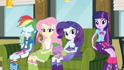 Size: 1280x720 | Tagged: safe, derpibooru import, screencap, fluttershy, rainbow dash, rarity, spike, twilight sparkle, dog, human, equestria girls, g4, belt, boots, clothes, couch, drink, drinking, fluttershy in boots, fluttershy original clothes, fluttershy original outfit, food, group, image, milkshake, my little pony equestria girls, png, polka dot socks, quintet, rainbow dash in boots, rainbow dash original clothes, rainbow dash original outfit, rainbow socks, rarity in boots, rarity original clothes, rarity original outfit, shirt, shoes, skirt, socks, spike the dog, striped socks, tanktop, tea, twilight sparkle in boots, twilight sparkle original clothes, twilight sparkle original outfit