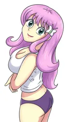 Size: 2186x4093 | Tagged: suggestive, artist:sumin6301, derpibooru import, fluttershy, butterfly, human, insect, equestria girls, g4, ass, bangs, breasts, busty fluttershy, butt, cleavage, clothes, crossed arms, eyebrows, eyebrows visible through hair, eyeshadow, female, hairclip, hips, image, jpeg, legs, legs together, lipstick, long hair, looking at you, looking up, looking up at you, makeup, panties, short shirt, simple background, sleeveless, solo, underwear, white background