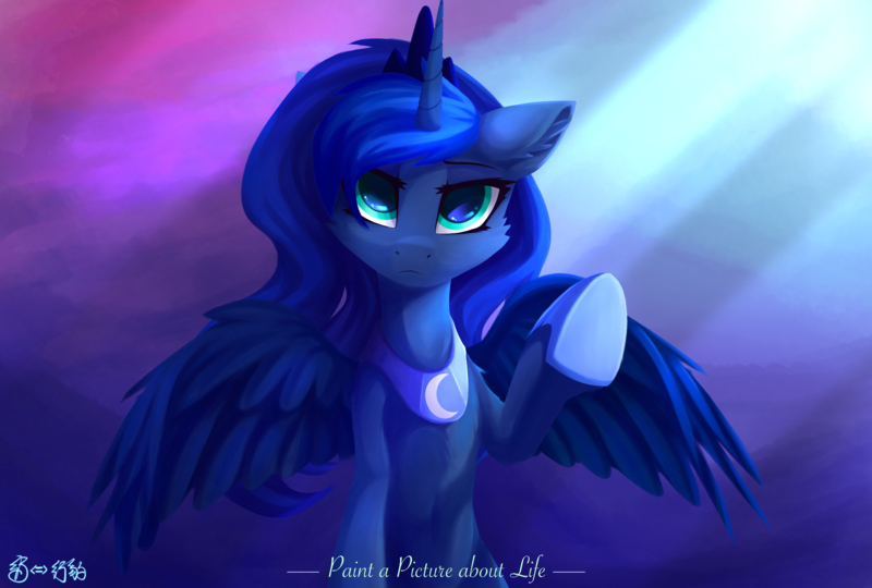 Size: 2400x1621 | Tagged: safe, artist:行豹cheetahspeed, derpibooru import, princess luna, alicorn, pony, series:paint a picture about life, g4, crown, cute, green eyes, hoof shoes, horn, image, jewelry, looking at you, moonlight, night, peaceful, peytral, png, princess shoes, raised hoof, regalia, solo, spread wings, wings