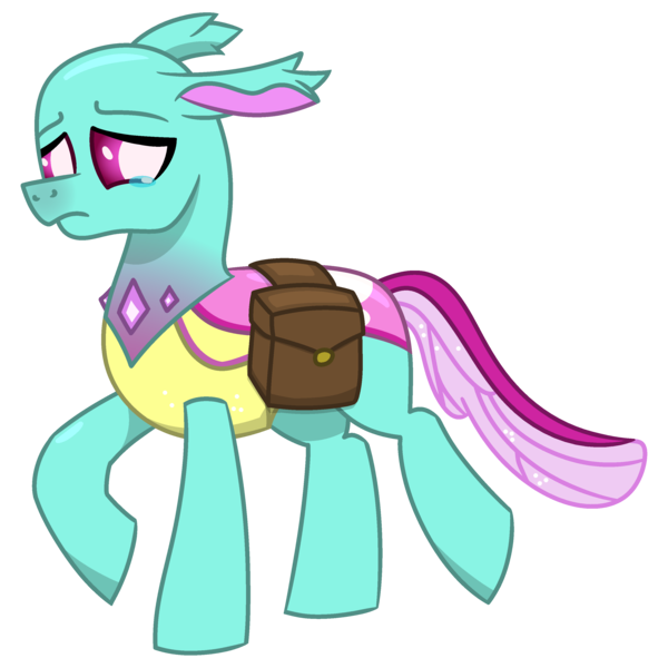 Size: 3000x3000 | Tagged: safe, artist:alejandrogmj, artist:wasisi, derpibooru import, spiracle, changedling, changeling, bag, image, png, raised hoof, saddle bag, simple background, solo, teary eyes, transparent background