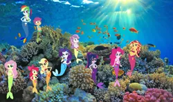 Size: 1280x759 | Tagged: safe, artist:jacob-van-antwerp, derpibooru import, apple bloom, applejack, fluttershy, pinkie pie, rainbow dash, rarity, sci-twi, scootaloo, sunset shimmer, sweetie belle, twilight sparkle, mermaid, equestria girls, g4, bra, clothes, coral, coral reef, cutie mark crusaders, humane five, humane seven, humane six, image, jpeg, mane six, seashell, seashell bra, underwear