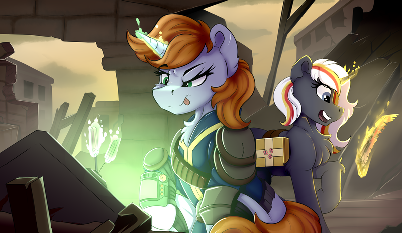 Size: 4850x2820 | Tagged: safe, artist:singovih, derpibooru import, oc, oc:littlepip, oc:velvet remedy, unofficial characters only, pony, unicorn, fallout equestria, armor, bag, clothes, female, frown, horn, image, jumpsuit, lockpicking, magic, mare, medical saddlebag, pipbuck, png, ruins, sky, telekinesis, vault suit, wasteland