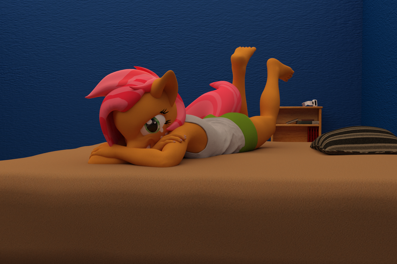 Size: 2160x1440 | Tagged: safe, artist:jawolfadultishart, ponerpics import, ponybooru import, babs seed, anthro, earth pony, plantigrade anthro, 3d, barefoot, bed, clothes, crossed arms, daz studio, feet, female, green panties, image, looking at you, lying down, not sfm, on bed, panties, png, shirt, solo, solo female, underage, undershirt, underwear