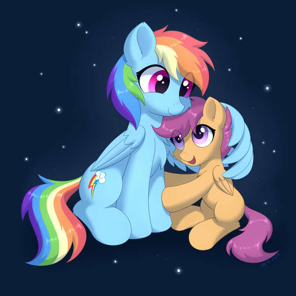 Size: 3800x3800 | Tagged: safe, artist:mercurysparkle, derpibooru import, rainbow dash, scootaloo, pegasus, pony, chest fluff, duo, female, filly, foal, hug, image, jpeg, mare, scootalove, signature, smiling, starry background, winghug, wings