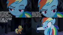 Size: 1280x720 | Tagged: safe, derpibooru import, edit, edited screencap, editor:quoterific, screencap, applejack, rainbow dash, earth pony, pegasus, pony, castle mane-ia, g4, season 4, cute, dashabetes, female, image, jpeg, mare, rainbow dash is best facemaker, rainbow sass