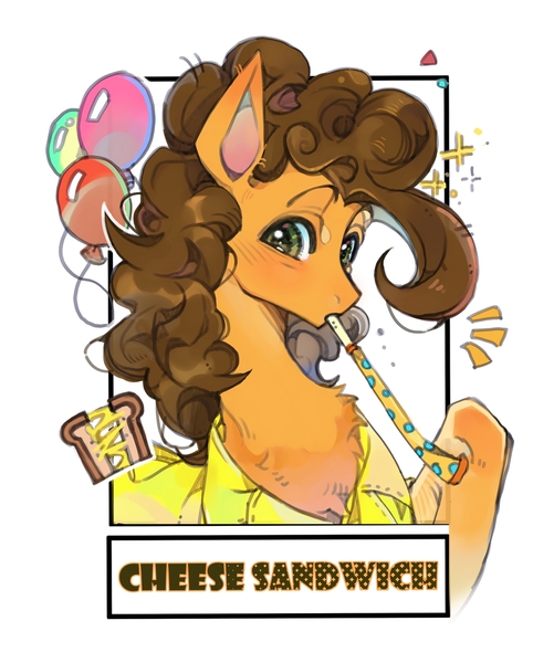 Size: 2295x2858 | Tagged: safe, artist:t4cdd, derpibooru import, cheese sandwich, earth pony, pony, balloon, bust, chest fluff, emanata, frame, image, jpeg, looking at you, male, party horn, simple background, solo, stallion, text, white background