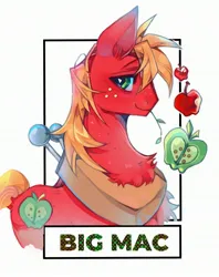 Size: 2339x2946 | Tagged: safe, artist:t4cdd, derpibooru import, big macintosh, earth pony, pony, apple, food, frame, image, jpeg, looking at you, male, simple background, smiling, solo, stallion, straw in mouth, white background, yoke