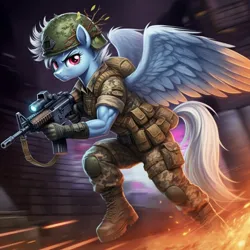 Size: 1024x1024 | Tagged: safe, ai content, derpibooru import, generator:google imagen 3.0, machine learning generated, prompter:zerowinger, fleetfoot, anthro, pegasus, plantigrade anthro, g4, assault rifle, clothes, cosplay, costume, fatigues, female, fleetflex, footloose (gi joe), g.i. joe, gun, helmet, image, jpeg, military uniform, muscles, muscular female, rifle, running, soldier, solo, spread wings, uniform, weapon, wings