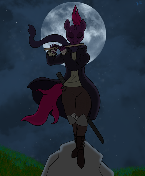 Size: 2300x2800 | Tagged: safe, artist:anix_space, derpibooru import, tempest shadow, anthro, unicorn, g4, clothes, detailed background, flute, horn, image, moon, musical instrument, night, png, scarf, sky, solo, standing, sword, weapon