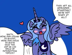 Size: 1173x900 | Tagged: safe, artist:goatpirate, derpibooru import, edit, editor:anonymous, ponerpics import, princess luna, ponified, alicorn, pony, g4, /mlp/, 4chan, blushing, comic, cute, dialogue, drawthread, eyes closed, female, fixed, heart, hoof shoes, image, luna's crown, mare, one-panel comic, open mouth, open smile, peytral, png, pointing at self, ponified manga, princess shoes, requested art, s1 luna, smiling, solo, speech bubble, spread wings, talking to viewer, text, wings