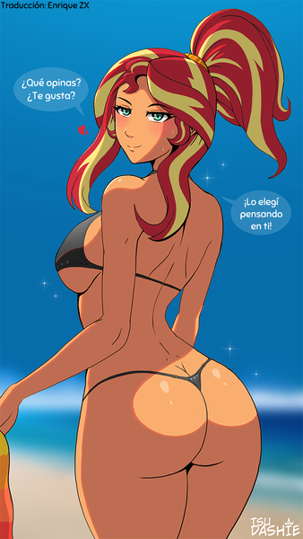 Size: 700x1241 | Tagged: suggestive, artist:tsudashie, edit, editor:enrique zx, ponerpics import, ponybooru import, sunset shimmer, human, equestria girls, beach, bedroom eyes, bikini, bikini bottom, bikini top, black bikini, blushing, bra, breasts, bunset shimmer, busty sunset shimmer, butt, clothes, dialogue, equestria girls 10th anniversary, floating heart, heart, high ponytail, image, looking at you, looking back, looking back at you, panties, png, ponybooru exclusive, ponytail, sexy, smiling, smiling at you, spanish, spanish description, spanish text, sparkles, speech bubble, stupid sexy sunset shimmer, sunset shimmer swimsuit, sweat, swimsuit, thong, thong swimsuit, thong underwear, translation, translator:enrique zx, underwear, undressing, ❤