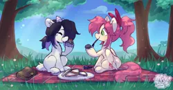 Size: 2048x1069 | Tagged: safe, artist:cuiicie, derpibooru import, oc, oc:elon, oc:strawberry splash, goat, pegasus, image, jpeg, pet rock, picnic