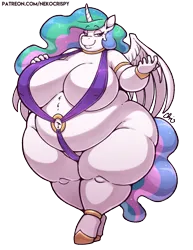 Size: 893x1155 | Tagged: suggestive, artist:nekocrispy, derpibooru import, princess celestia, alicorn, anthro, unguligrade anthro, bedroom eyes, belly, belly button, big breasts, bikini, breasts, chubbylestia, clothes, erect nipples, fat, female, huge breasts, image, nipple outline, png, simple background, sling bikini, solo, solo female, standing, swimsuit, thighs, thunder thighs, transparent background, wide hips